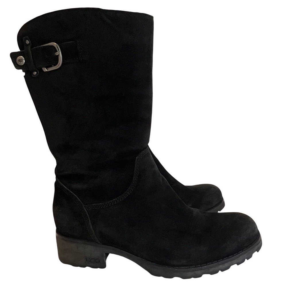 UGG Australia Boots Womens 8 Black Suede Shearling Lined Buckle Moto Lug Sole - Picture 7 of 13